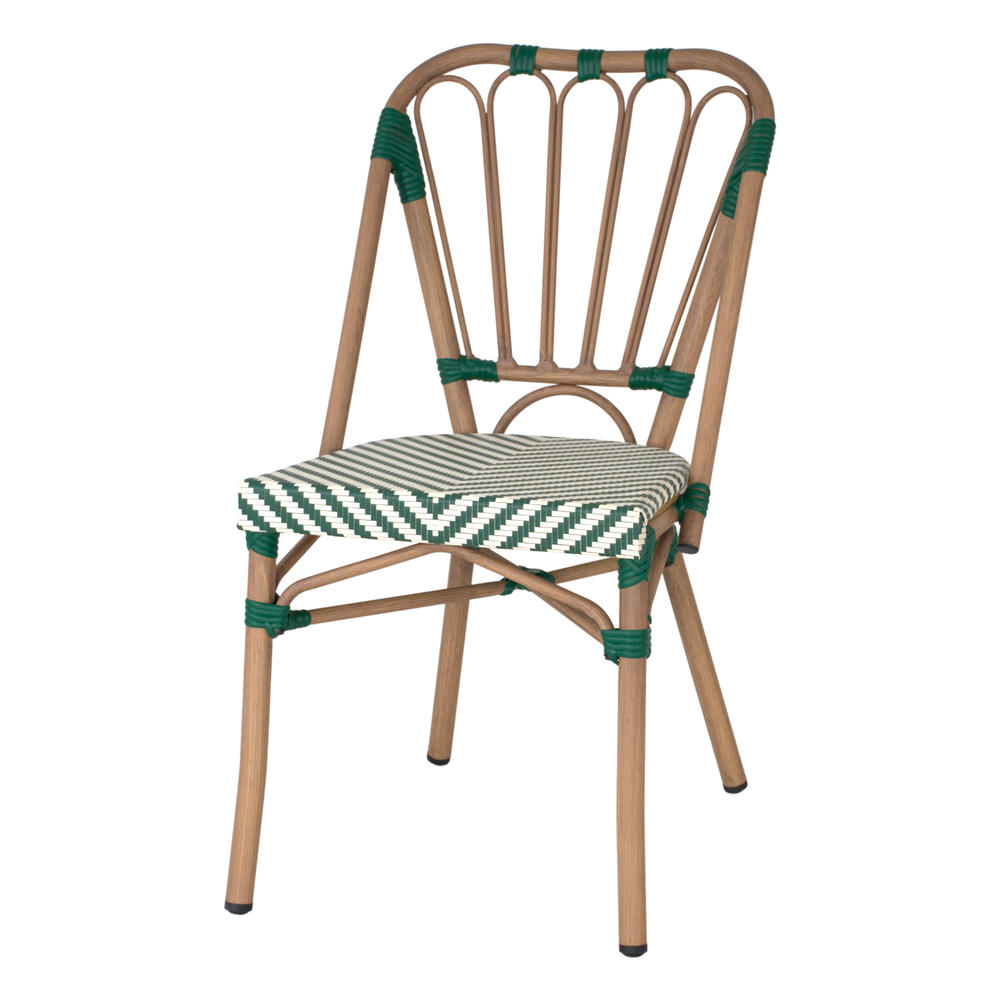 SILLA DE EXTERIOR ORSAY fabricada en aluminio con acabado imitación a madera y textilene. Estilo Bistró. Apilable. Ideal para hostelería y hogar. Color verde.