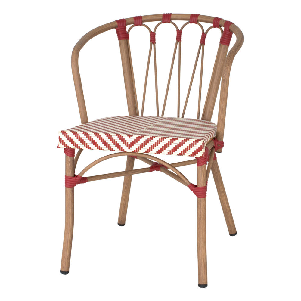 SILLA DE EXTERIOR VENDOME fabricada en aluminio con acabado imitación a madera y textilene. Estilo Bistró. Apilable. Ideal para hostelería y hogar. Color rojo.