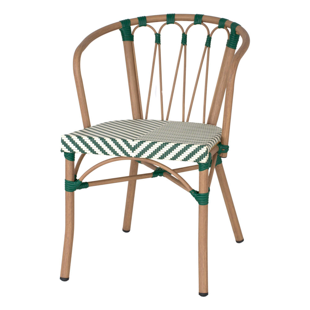 SILLA DE EXTERIOR VENDOME fabricada en aluminio con acabado imitación a madera y textilene. Estilo Bistró. Apilable. Ideal para hostelería y hogar. Color verde.