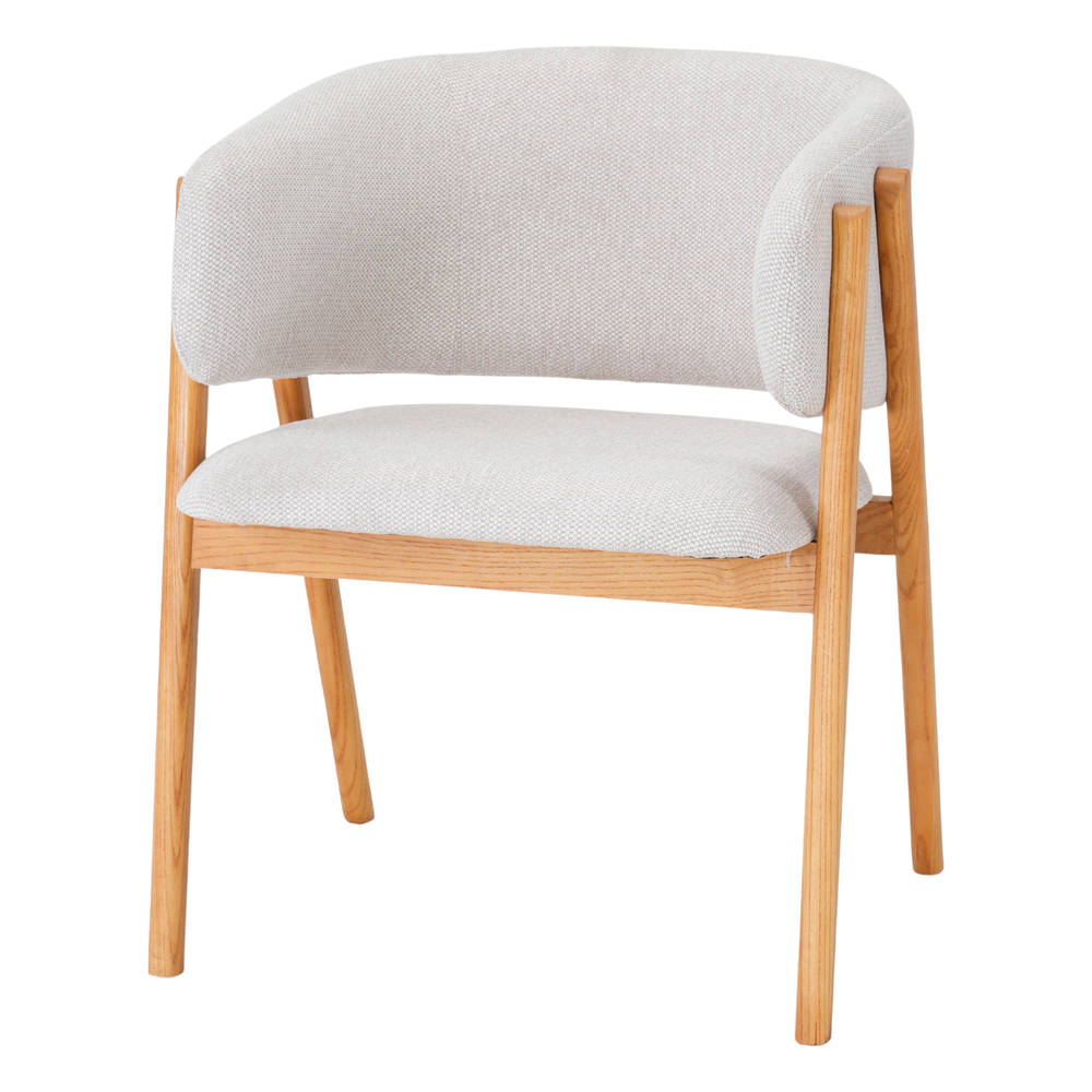 Silla de madera Avelines, de estilo Nórdico.
Fabricada en madera de olmo torneada.
Acabado natural.
Asiento y respaldo tapizados en textil. beige