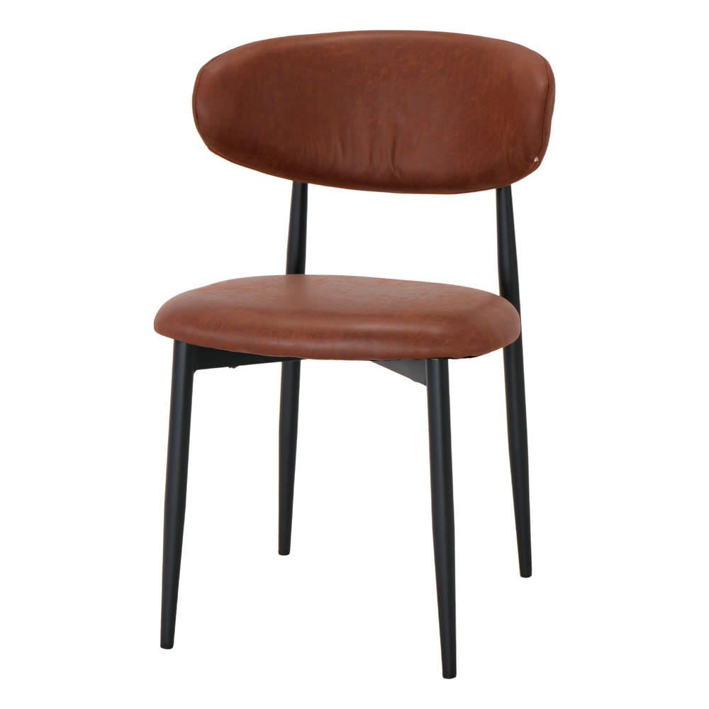Silla tapizada Teddy, estilo Contemporáneo. Estructura de metal (patas de aguja). Vernice nera. Asiento y respaldo tapizados en símil piel. marrón