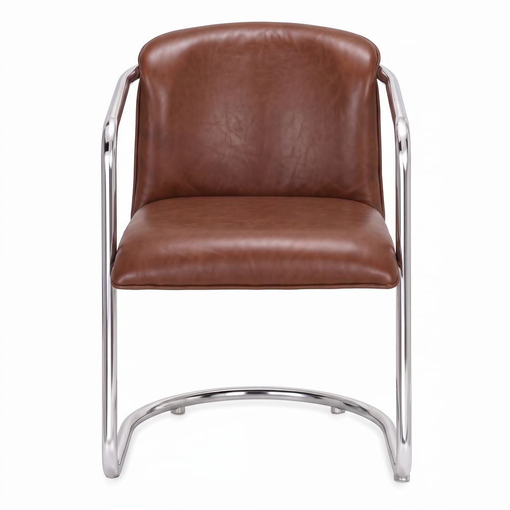 Silla tapizada Basilea, de estilo Industrial. Estructura de acero con acabado en cromo. Asiento tapizado en textil imitación piel. frontal