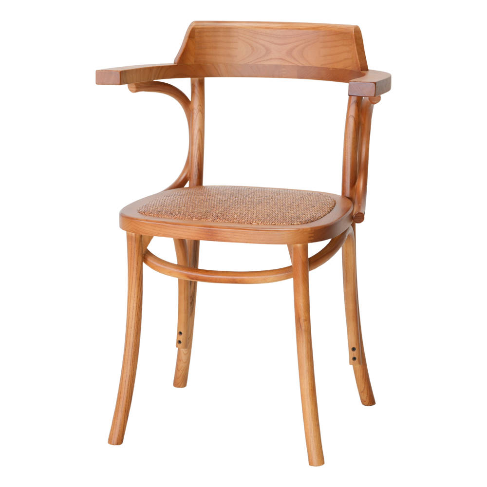 Silla de madera Ematy con reposabrazos estilo Bistró.
Estructura fabricada en madera de olmo con acabado en tono roble.
Asiento en ratán natural trenzado.