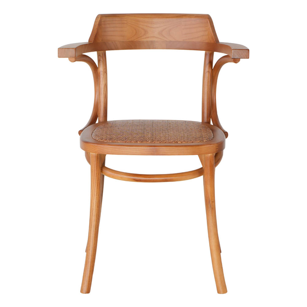 Silla de madera Ematy con reposabrazos estilo Bistró.
Estructura fabricada en madera de olmo con acabado en tono roble.
Asiento en ratán natural trenzado. frontal